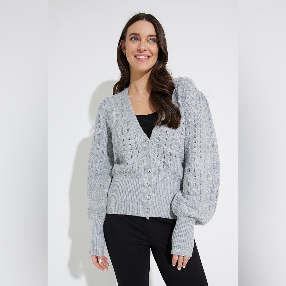Emproved Puff-sleeve Cardigan Style A2212 In Dove Grey Size Small